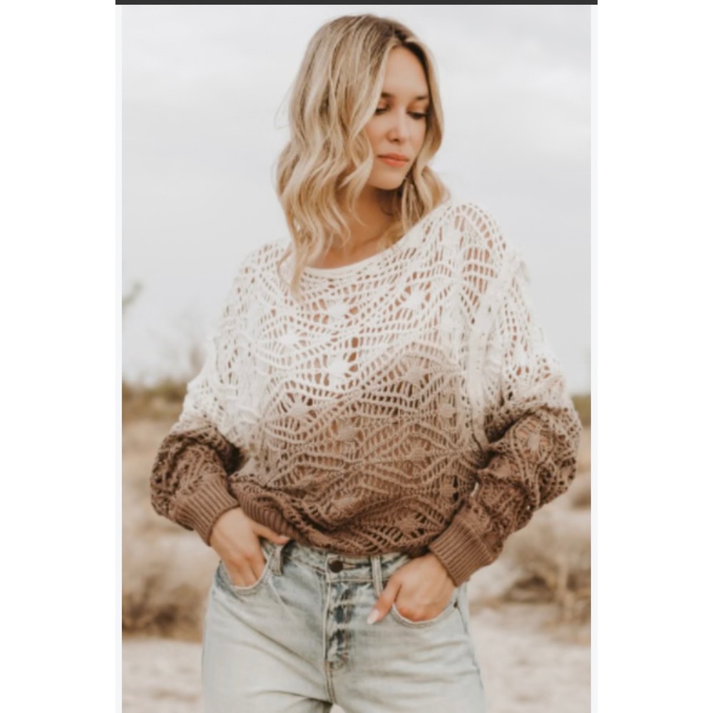 Elan Ombre Crochet Boho Sweater Womens Medium Brown White Cotton Knit